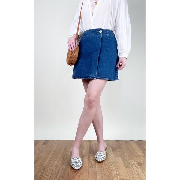 Vintage French Denim Jean Wrap Mini Skirt High Waisted Coastal Cowgirl 90s Y2K - Picture 8 of 8
